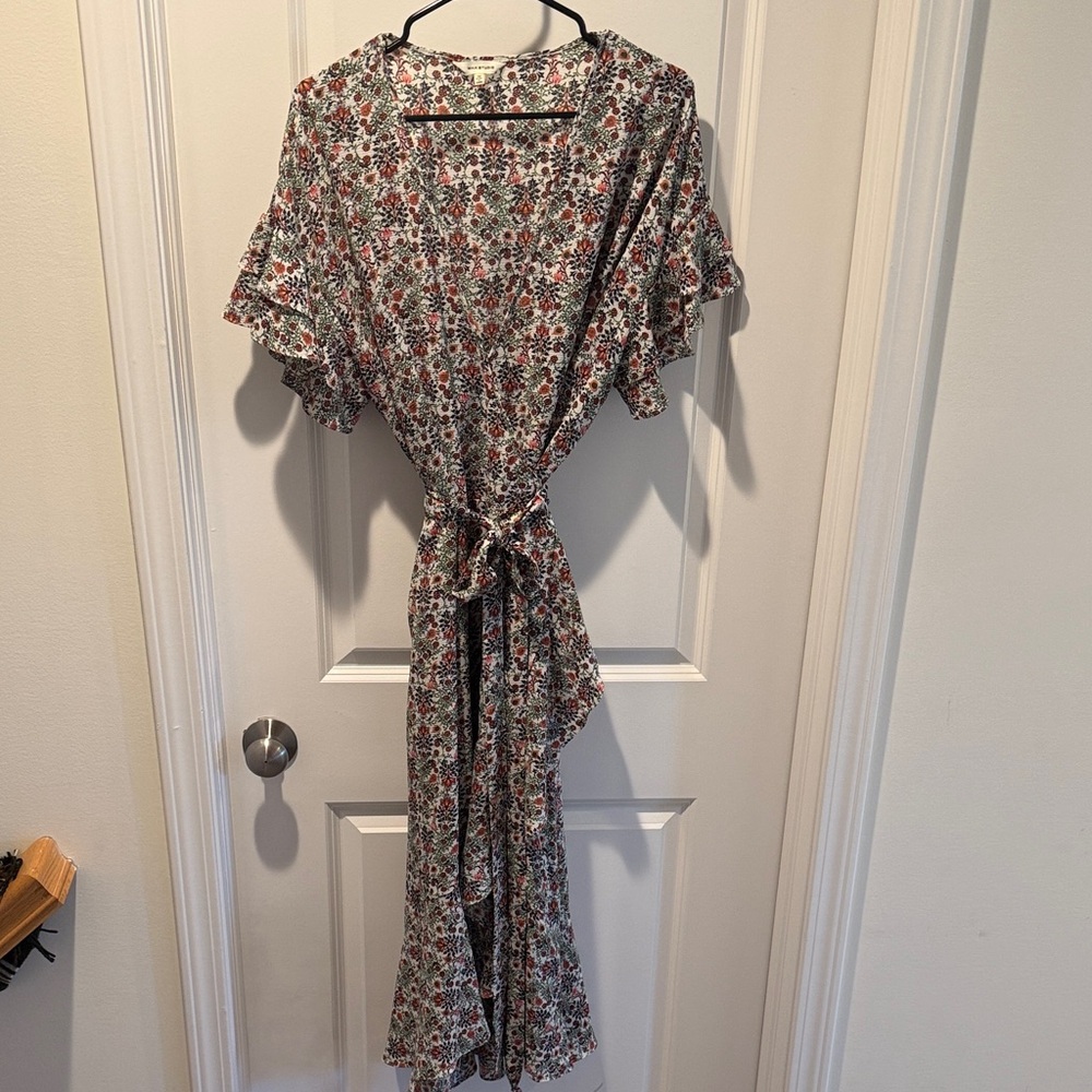 Floral Tie-Waist Women's Dress - Cream, Orange & Navy